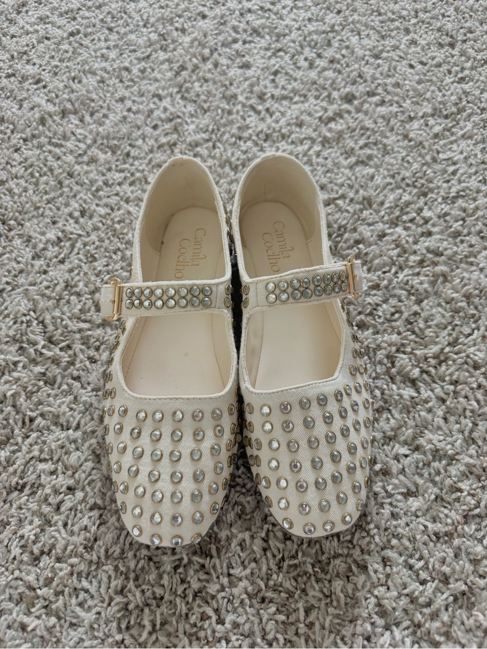 Ivory Mary Jane Shoes with Rhinestone Studs